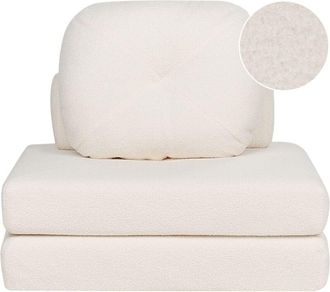 Beliani Modern Minimalist 1 Seater Fabric Boucle Sofa Pouffe Bed Single Guest Bed with Cushion White Olden