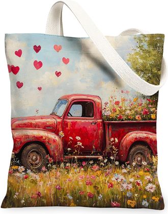 Generic Vintage Romantic Canvas Tote Bag, Heart Floral Design Reusable Grocery Bags, Lightweight Washable Shoulder Bag for Travel, Beach, Picnic 13x15 Inch