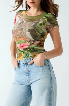 Guess Hani Ruched Mesh T-Shirt in Green Multi at Nordstrom, Size X-Small