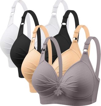 Generic Anti Sagging Bras for Older Women 4 Pack Bra Wireless Full Coverage Lace Bralette Adjustable Straps Soft Bras for Women UK Push Up Comfort Bralette La