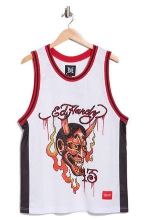 Ed Hardy Rhinestone Devil Head Mesh Jersey in White at Nordstrom Rack, Size Xx-Large