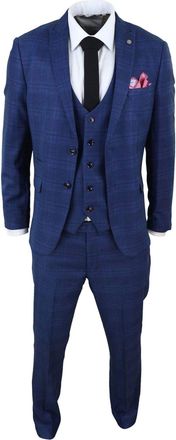 Marc Darcy Mens 3 Piece Suit Blue Prince of Wales Black Check Vintage Retro - Blue 50