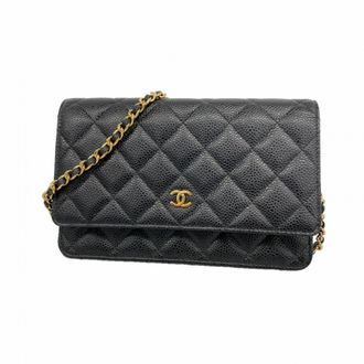 Chanel Black Grained Calfskin Chain/Shoulder Wallet (Pre-Owned)