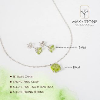 MAX + STONE 925 Sterling Silver Cushion Cut Gemstone Stud Earrings and Pendant Necklace
