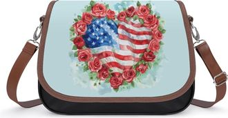 Generic Watercolor USA Rose Flag Crossbody Bag Womens Handbag PU Message Bags Shoulder Purse with Adjustable Strap