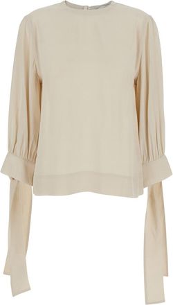 Tela Beige Blouse With Round Neck And Draped Sleeves In Fabric Woman