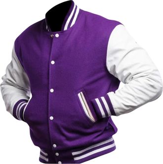 Generic Mens Varsity Jacket Casual Slim Fit Wool & Leather Sleeves Letterman Baseball Bomber Jacket (UK, Alpha, S, Regular, Regular, Purple/White)