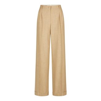 Marc Aurel Broeken, Dames, Beige, XS, Leer, Wijde broek met plooien en omslagen