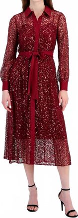 Anne Klein Button-Front Tie-Waist Cabernet Dress In Wine