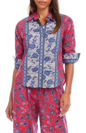 Karen Kane Floral Ruched Sleeve Cotton Button-Up Shirt in Red at Nordstrom, Size X-Small P