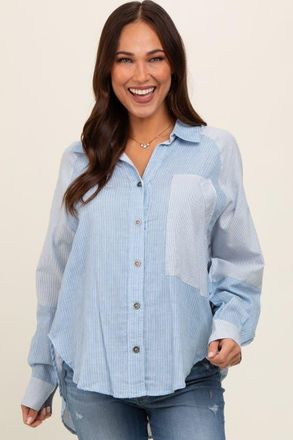 Pinkblush Blue Striped Colorblock Button Up Top in Light Blue at Nordstrom, Size Medium