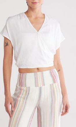 Elan Short Sleeve Faux Wrap Cover-Up Crop Top in White at Nordstrom Rack, Size X-Small