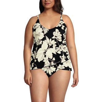 Lands End Tulip Hem Tankini Top in Black/egret Lilies at Nordstrom, Size 1X
