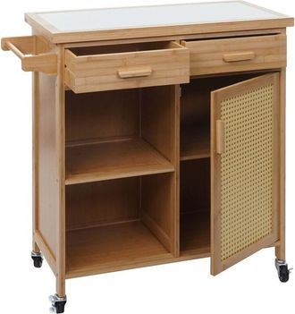 Hhg non utilizzato] Carrello da portata cucina 670 bambu cassetti e sportello 85x84x36cm