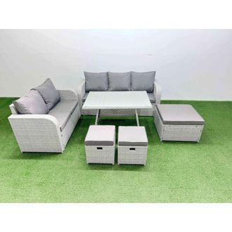 Fimous Outdoor pe Rattan Garden Furniture Set Rectangular Dining Table Sofa Set with 3 Stool Light Grey - Fimous
