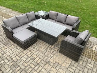 Fimous Outdoor Rattan Garden Furniture Sets Height Adjustable Rising lifting Dining Table Sofa Set with Reclining Chair Big Footstool in Dark Grey