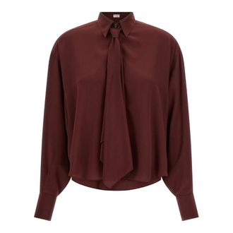 Brunello Cucinelli Silk Shirt with Tie and Shiny Collar - female - Brunello Cucinelli - Shirts - Red - XS - Blouses & Shirts