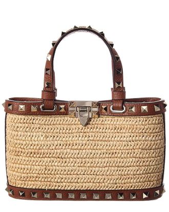 Valentino Rockstud Mini Straw & Leather Tote