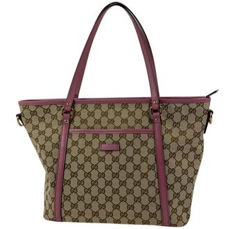 Gucci Gg Canvas Beige Pink Gg Canvas Leather Tote Bag (Pre-Owned)