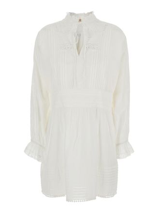 Twin-Set White Dress With Pleated Details And All-over Applied Embroidery In Cotton Woman