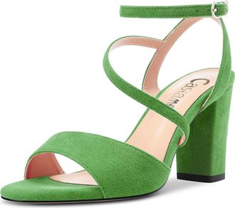 Castamere Women Chunky Block High Heel Peep Open Toe Ankle Strap Sandals Dress Wedding 8 CM Heels Green Suede A 10.5 UK
