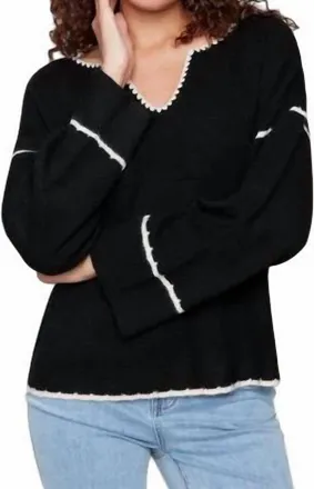 Tribal Womens Notched Neck Rib Embroidered Sweater In Black