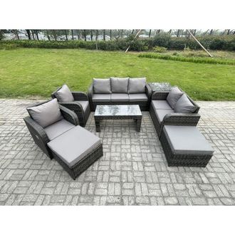 Fimous 9 Seater Outdoor Rattan Garden Furniture Set Rattan Lounge Sofa Set with Rectangular Coffee Table Side Table 2 Big Footstool Dark Grey Mixed - Fimous