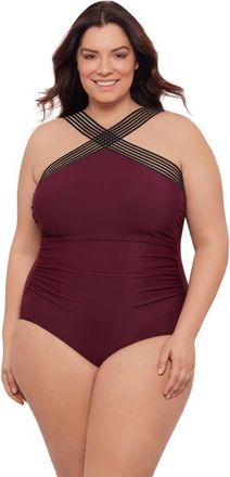 Aqua Green Plus Size Novelty Trim High Criss Cross Neck Full Coverage One-Piece Swimsuit in Currant at Nordstrom, Size 1X