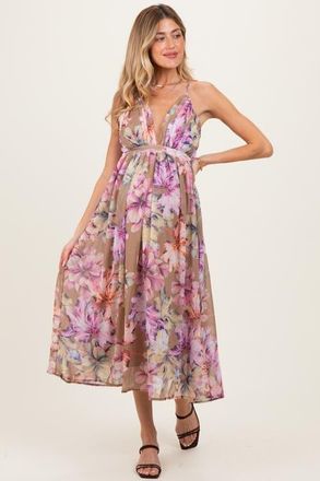 Pinkblush Floral Open Back Midi Dress in Mocha at Nordstrom, Size Medium
