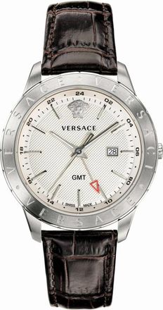 Versace Bruin Lederen Zilver Stalen GMT Horloge - Heren - Horloges - Veelkleurig - ONE Size - Accessoires