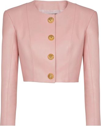 Balmain Cropped lamsleren jas - Dames - Leren en Su&egrave;de Jassen - Roze - S - Katoen - Jassen
