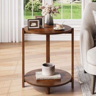 Tribesigns Tribesigns Solid Wood Side Table for Living Room, Small Round End Table with 2-Tier Storage, 19-Inch Wooden Circle Retro Nightstand, Accent Furniture