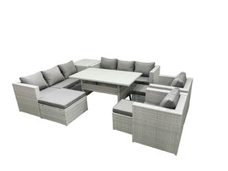 Fimous Rattan Garden Furniture Set Outdoor 8 Seater Patio Dinin g Sofa Sets with Dining Table 2 Chairs Side Table 3 Footstools Light Grey Mixed