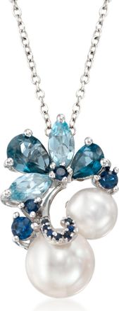 Ross-Simons 7-9.5mm Cultured Pearl and Multi-Gemstone Pendant Necklace in Sterling Silver