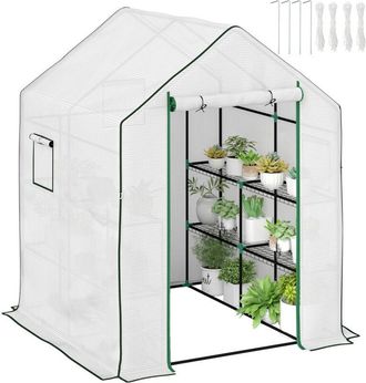 OUTSUNNY Invernadero Peque&ntilde;o De 3 Niveles Con 6 Estantes Puerta Enrollable Cubierta De Pe Y Marco De Acero Para Cultivos Plantas 140x143x190 Cm Blanco