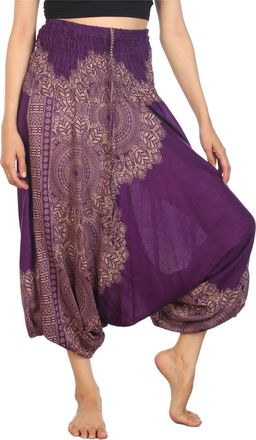 Lofbaz Womens Peacock Smocked Waist 2 in 1 Harem Jumpsuit Pants Purple XL