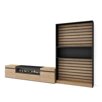 Skraut Home Skraut Home - Muebles De Sal&oacute;n Para Tv, Conjunto De Muebles Comedor, 310x186x35cm, Para Tv Hasta 80, Chimenea El&eacute;ctrica, Estilo Moderno, Roble Y Negro