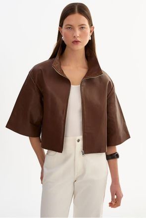 LaMarque Elin | Leather Funnel Neck Jacket in Mid Brown at Nordstrom, Size Xx-Small