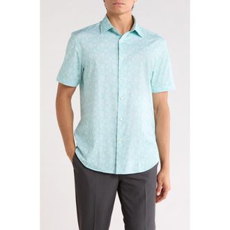Bugatchi Floral Print Stretch Cotton Short Sleeve Button-Up Shirt in Menthol at Nordstrom Rack, Size Xxx-Large