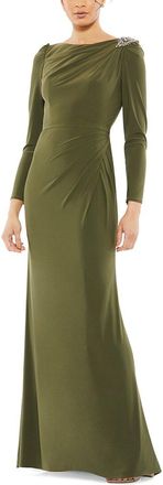 Mac Duggal Draped Bateau Long Sleeve Trumpet Gown