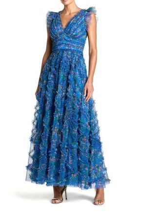 Mac Duggal Floral V-Neck Ruffle Tiered Maxi Dress with Flutter Sleeves in Blue Multi at Nordstrom, Size 10