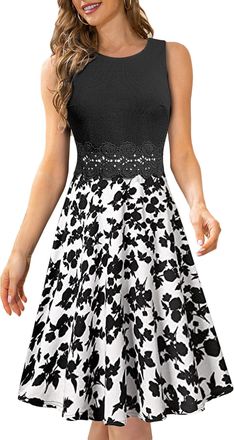 Homeyee UKA079 Womens Vintage Round Neck Floral Embroidered Knee-Length Elegant Cocktail Dress, White + Black Flowers, XXL