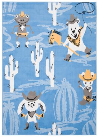 Tapiso Alfombra para niños azul blanco amarillo gris animales cactus 140x200