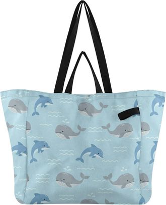 Generic Life Dolphins Whales Blue print Reusable Canvas Tote Bag, Heavy Duty Grocery Shopping Bag with Large Capacity Double Handles Hard Bottom Work Grocerie