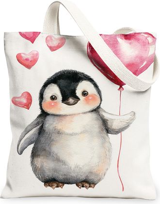 Generic Penguin Canvas Tote Bags, Cute Animal Heart Pattern Reusable Grocery Bags, ValentineS Day Lightweight Washable Canvas for, White, 13x15 Inch