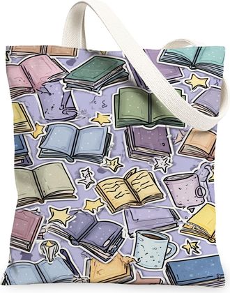 Generic Books Pattern Canvas Tote Bags, Artistic Literary Design Reusable Grocery Bags, Spring Floral Lightweight Washable Shoulder, Violet, 13x15 Inch