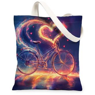 Generic Artistic Bike Canvas Tote Bags, Vintage Heart Pattern Reusable Grocery Bags, Lightweight Washable Shoulder Strap Canvas for Travel, Beach, Picnic 13x1