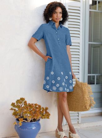 Heine Sommerkleid HEINE Kleid, Damen, Gr. 34, Normalgr&ouml;ssen, blau, bleached, Denim/Jeans, 100% Baumwolle, gebl&uuml;mt, gemustert, mehrfarbig, unifarben, knielan