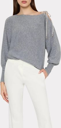 Milly Ida Crystal Bow Cold Shoulder Sweater In Grey