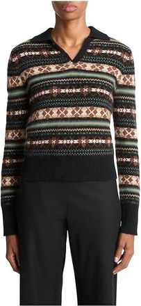 Vince Fair Isle Polo Sweater Womens Sweater Cacao/Malachite Combo : XL, Cashmere